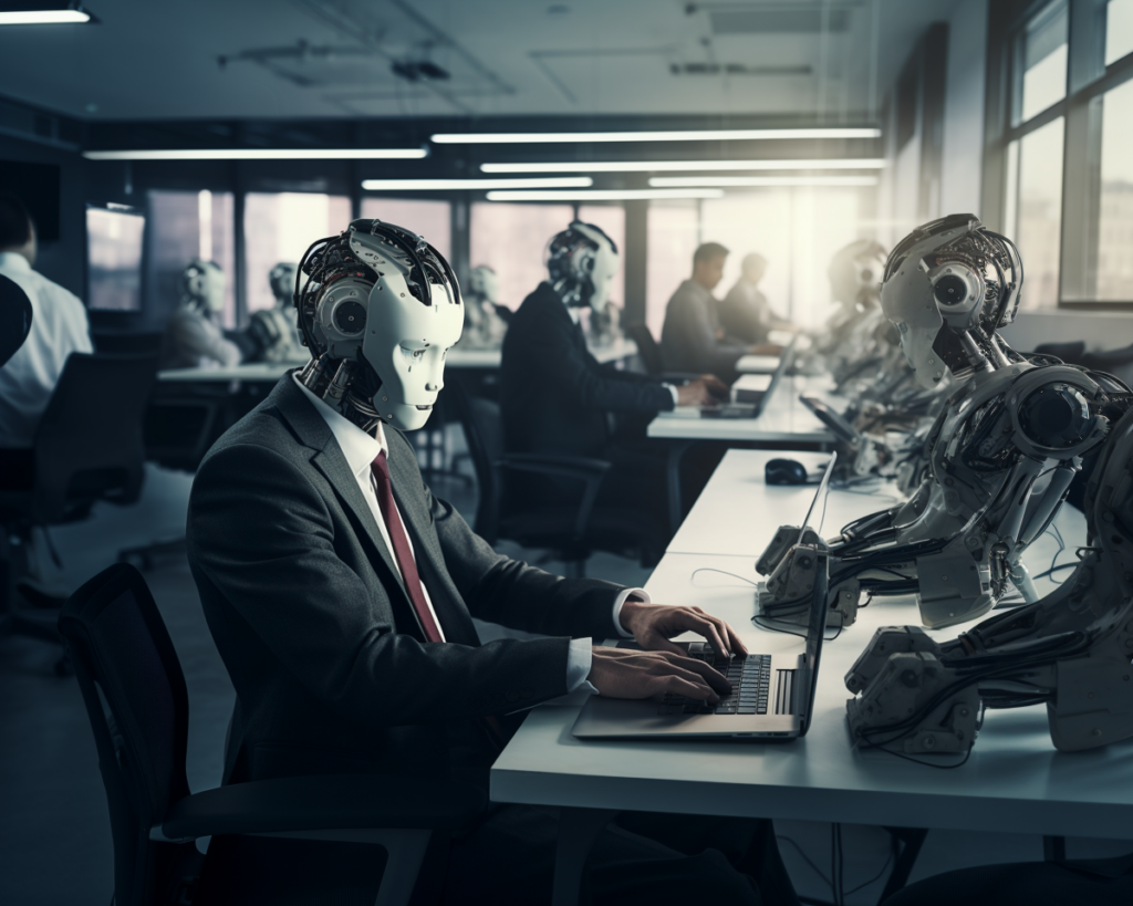 Robots and humans working in an office together with artificial intelligence