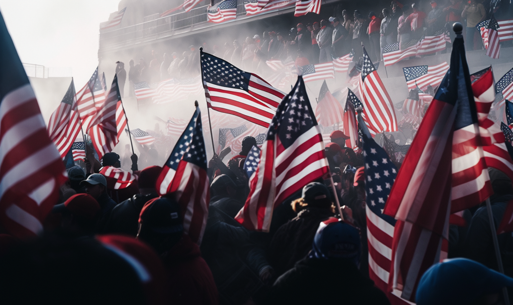Trump supporters outside the capitol building with American flags - resolution after insurrection