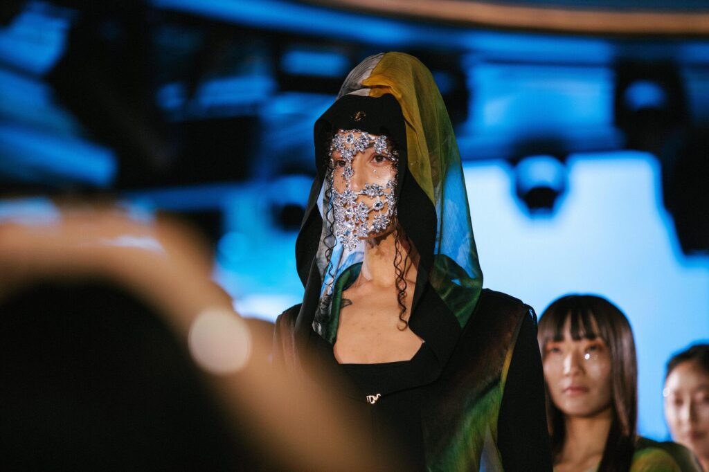 A model wearing a headdress walking the catwalk during the Runway 7 show - New York Fashion Week